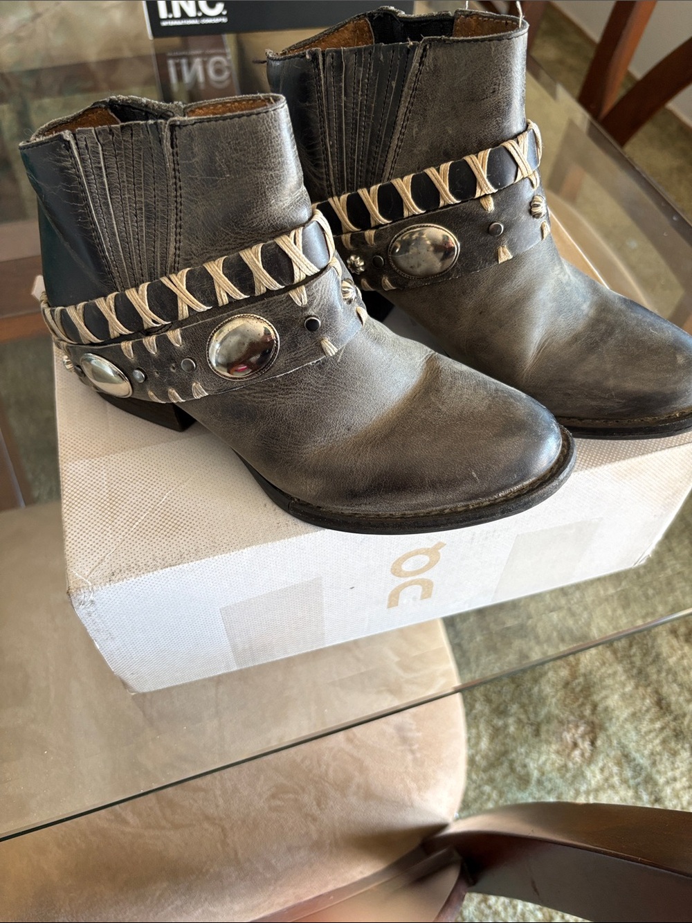 Circle G Black Leather Ankle Boots with Silver Studs & Cream Lacing